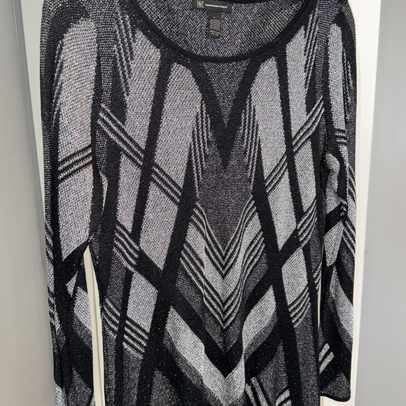INC Black Silver Shark Bite Tunic Knit Sweater Geometric Print Holiday Large - Picture 6 of 12